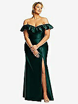 Front View Thumbnail - Evergreen Off-the-Shoulder Ruffle Neck Satin Trumpet Gown