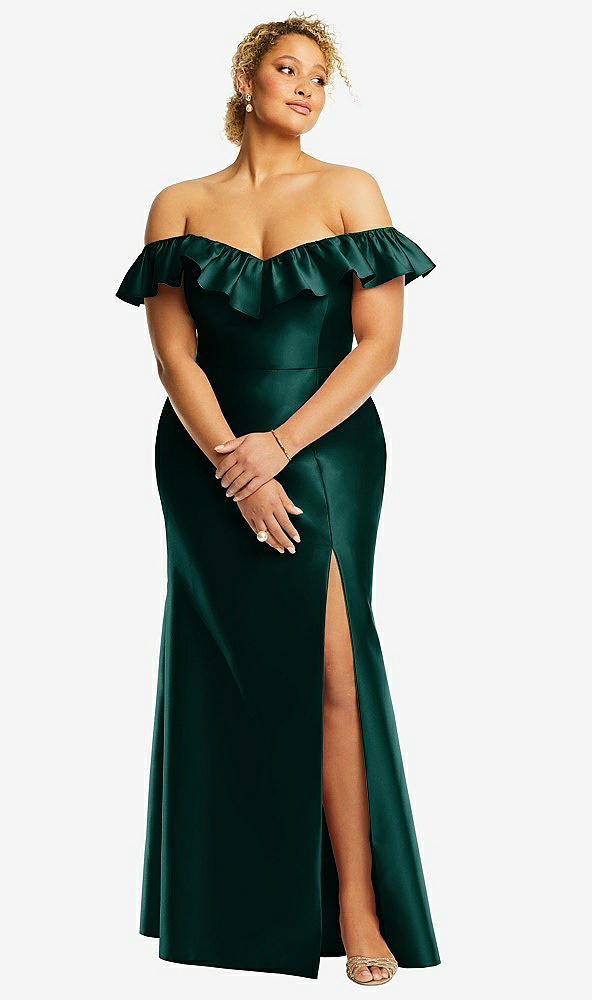 Front View - Evergreen Off-the-Shoulder Ruffle Neck Satin Trumpet Gown