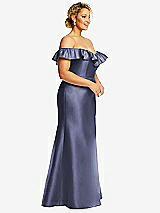 Side View Thumbnail - French Blue Off-the-Shoulder Ruffle Neck Satin Trumpet Gown