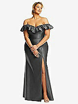 Front View Thumbnail - Gunmetal Off-the-Shoulder Ruffle Neck Satin Trumpet Gown