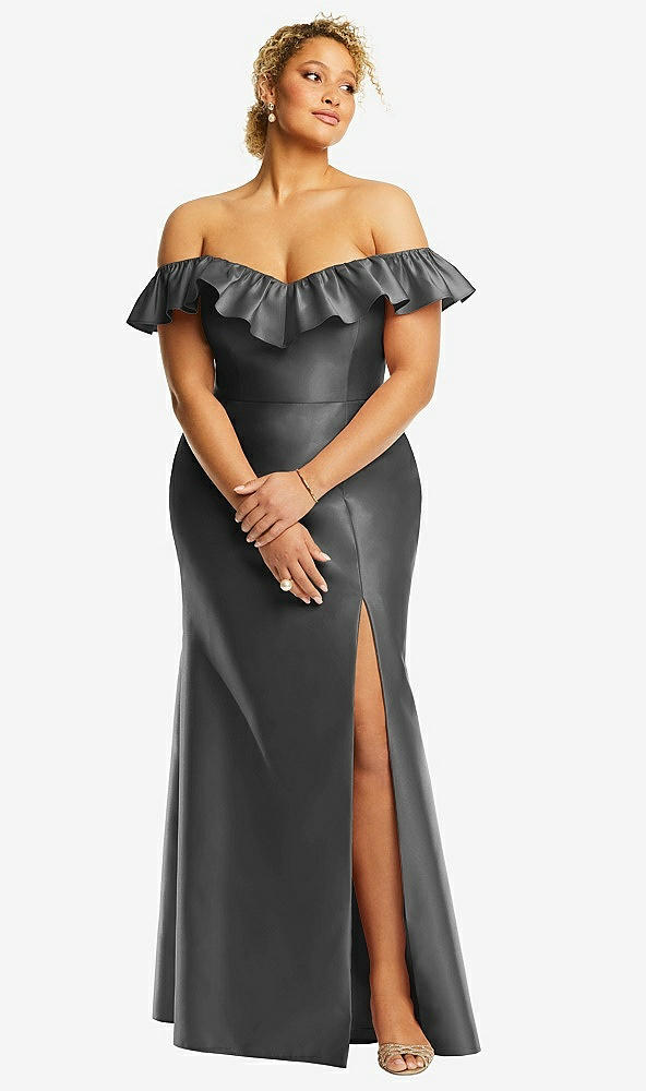 Front View - Gunmetal Off-the-Shoulder Ruffle Neck Satin Trumpet Gown