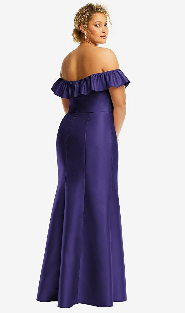 Back View - Grape Off-the-Shoulder Ruffle Neck Satin Trumpet Gown