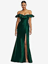 Alt View 3 Thumbnail - Hunter Green Off-the-Shoulder Ruffle Neck Satin Trumpet Gown