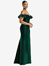 Alt View 4 Thumbnail - Hunter Green Off-the-Shoulder Ruffle Neck Satin Trumpet Gown