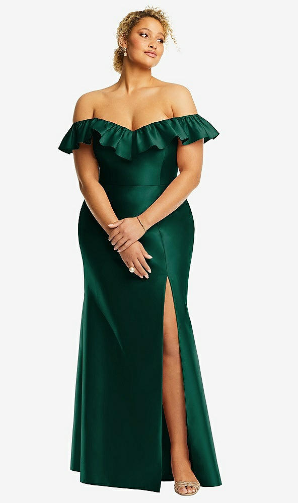Front View - Hunter Green Off-the-Shoulder Ruffle Neck Satin Trumpet Gown