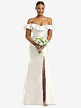 Alt View 2 Thumbnail - Ivory Off-the-Shoulder Ruffle Neck Satin Trumpet Gown