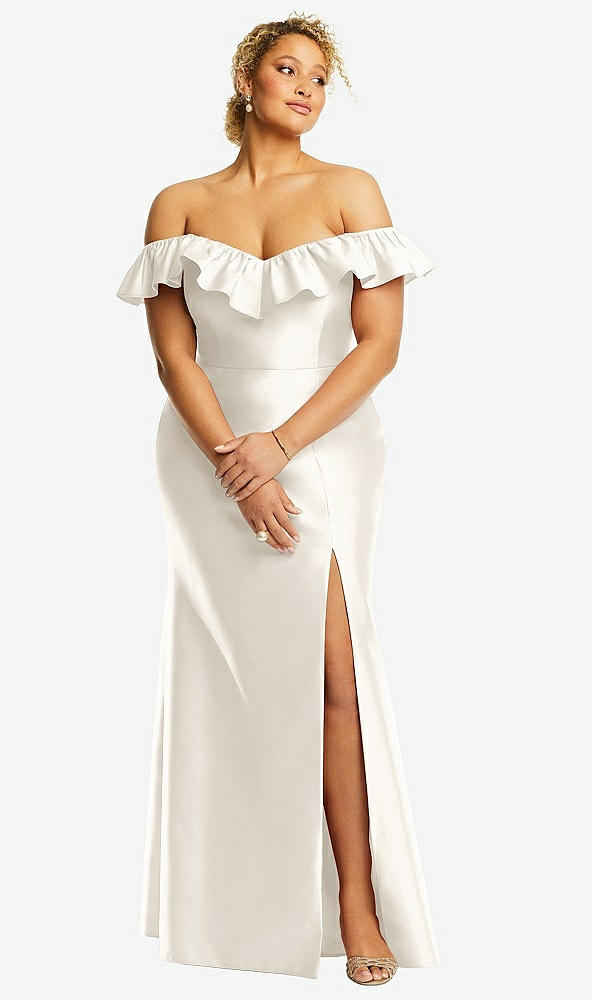 Front View - Ivory Off-the-Shoulder Ruffle Neck Satin Trumpet Gown