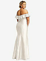 Rear View Thumbnail - Ivory Off-the-Shoulder Ruffle Neck Satin Trumpet Gown