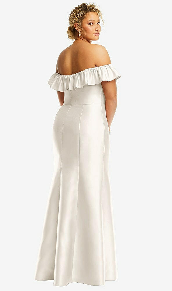 Back View - Ivory Off-the-Shoulder Ruffle Neck Satin Trumpet Gown
