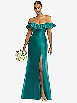 Alt View 1 Thumbnail - Jade Off-the-Shoulder Ruffle Neck Satin Trumpet Gown