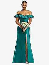 Alt View 2 Thumbnail - Jade Off-the-Shoulder Ruffle Neck Satin Trumpet Gown