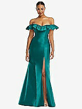 Alt View 3 Thumbnail - Jade Off-the-Shoulder Ruffle Neck Satin Trumpet Gown