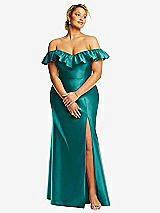 Front View Thumbnail - Jade Off-the-Shoulder Ruffle Neck Satin Trumpet Gown