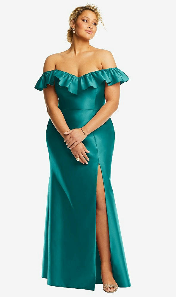 Front View - Jade Off-the-Shoulder Ruffle Neck Satin Trumpet Gown