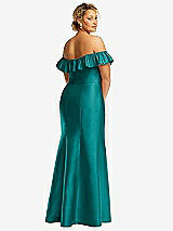Rear View Thumbnail - Jade Off-the-Shoulder Ruffle Neck Satin Trumpet Gown