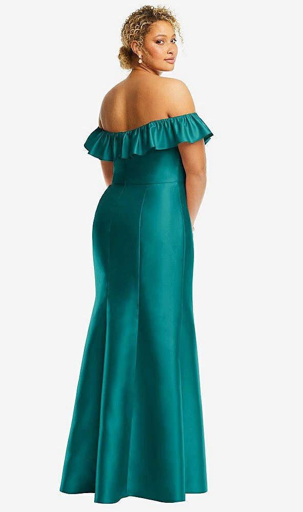 Back View - Jade Off-the-Shoulder Ruffle Neck Satin Trumpet Gown