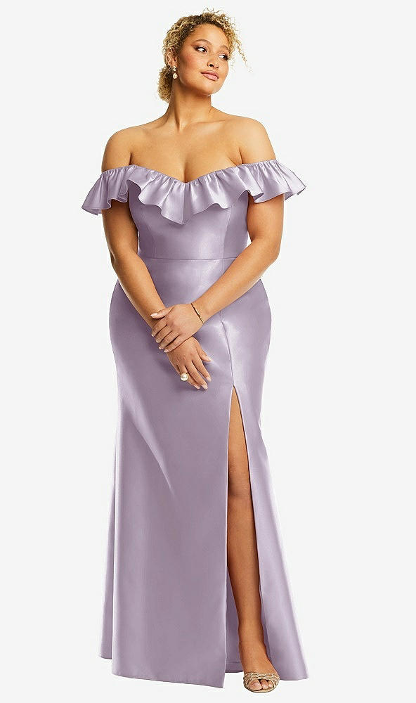 Front View - Lilac Haze Off-the-Shoulder Ruffle Neck Satin Trumpet Gown