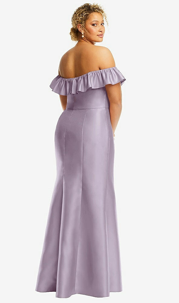 Back View - Lilac Haze Off-the-Shoulder Ruffle Neck Satin Trumpet Gown