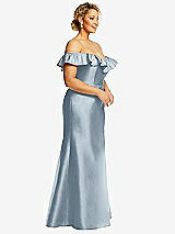 Side View Thumbnail - Mist Off-the-Shoulder Ruffle Neck Satin Trumpet Gown