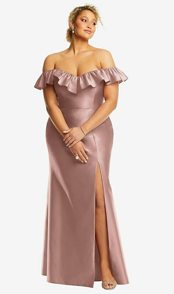 Front View - Neu Nude Off-the-Shoulder Ruffle Neck Satin Trumpet Gown