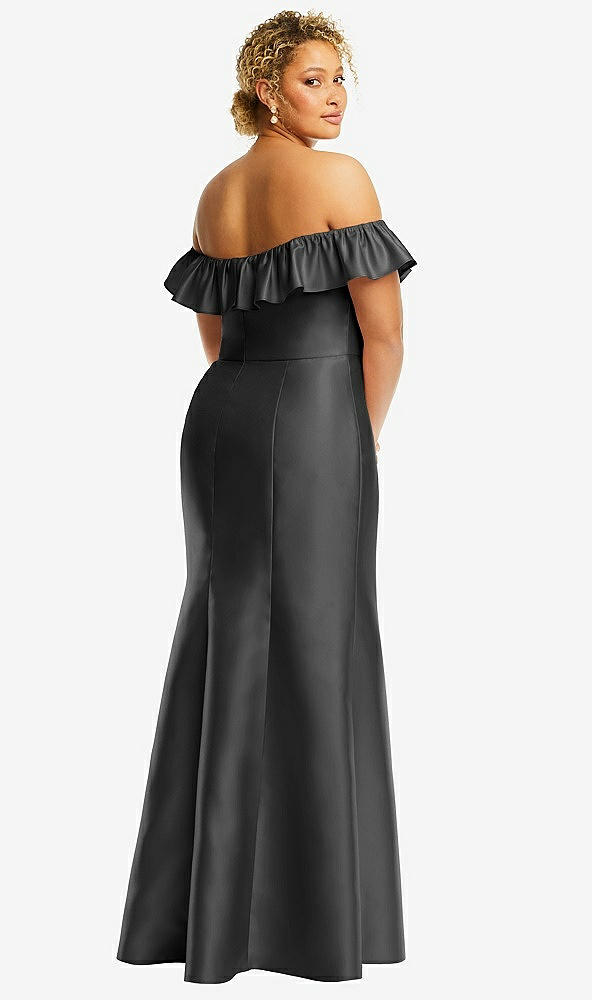 Back View - Pewter Off-the-Shoulder Ruffle Neck Satin Trumpet Gown
