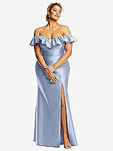 Front View Thumbnail - Sky Blue Off-the-Shoulder Ruffle Neck Satin Trumpet Gown
