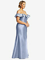 Side View Thumbnail - Sky Blue Off-the-Shoulder Ruffle Neck Satin Trumpet Gown
