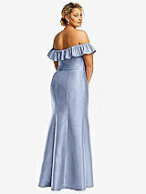 Rear View Thumbnail - Sky Blue Off-the-Shoulder Ruffle Neck Satin Trumpet Gown