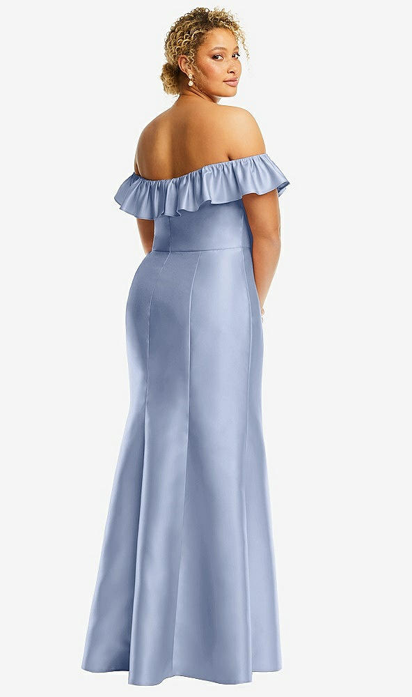 Back View - Sky Blue Off-the-Shoulder Ruffle Neck Satin Trumpet Gown