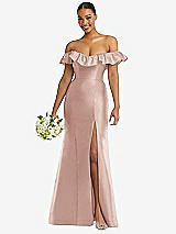Alt View 1 Thumbnail - Toasted Sugar Off-the-Shoulder Ruffle Neck Satin Trumpet Gown