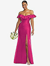 Alt View 1 Thumbnail - Think Pink Off-the-Shoulder Ruffle Neck Satin Trumpet Gown