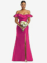 Alt View 2 Thumbnail - Think Pink Off-the-Shoulder Ruffle Neck Satin Trumpet Gown