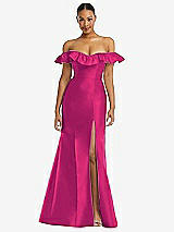 Alt View 3 Thumbnail - Think Pink Off-the-Shoulder Ruffle Neck Satin Trumpet Gown