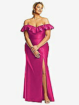 Front View Thumbnail - Think Pink Off-the-Shoulder Ruffle Neck Satin Trumpet Gown