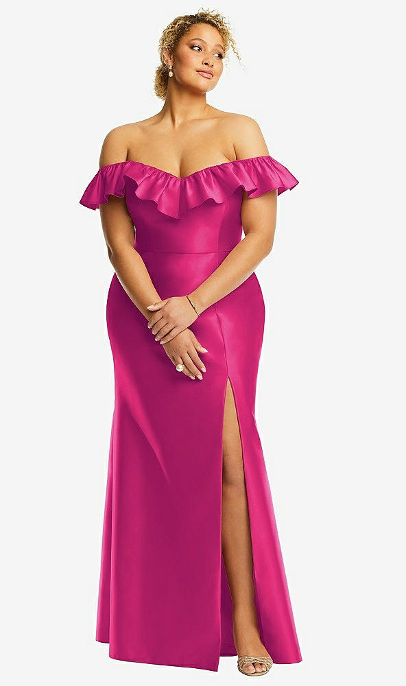 Front View - Think Pink Off-the-Shoulder Ruffle Neck Satin Trumpet Gown