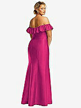 Rear View Thumbnail - Think Pink Off-the-Shoulder Ruffle Neck Satin Trumpet Gown