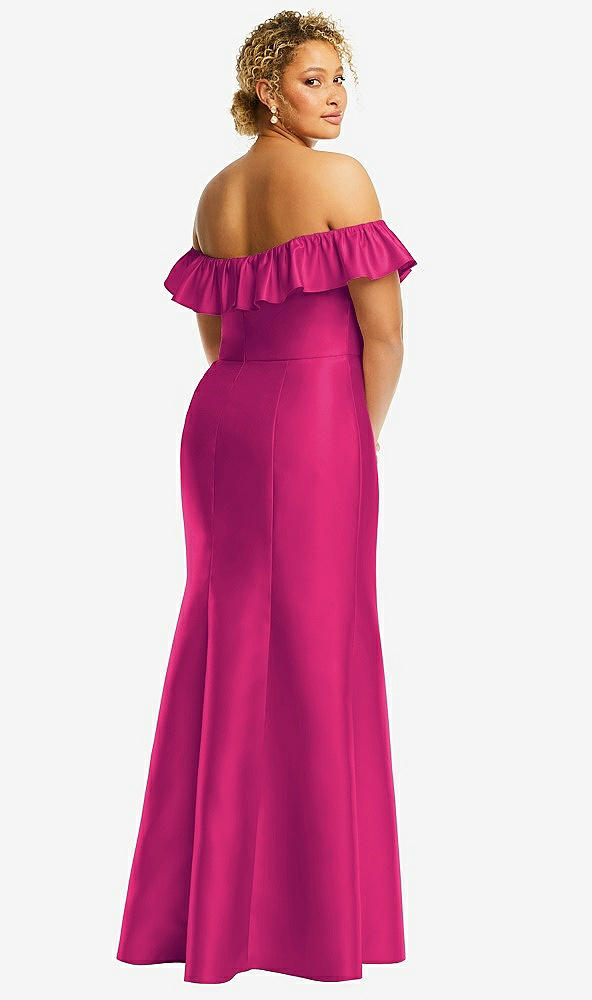 Back View - Think Pink Off-the-Shoulder Ruffle Neck Satin Trumpet Gown