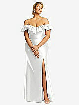 Front View Thumbnail - White Off-the-Shoulder Ruffle Neck Satin Trumpet Gown