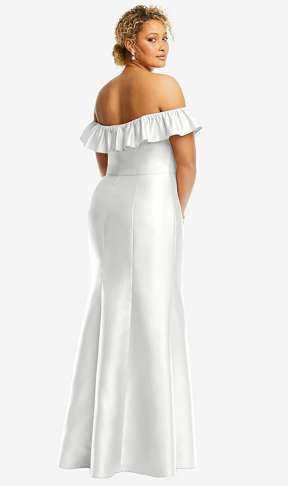 Back View - White Off-the-Shoulder Ruffle Neck Satin Trumpet Gown