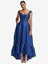 Front View Thumbnail - Classic Blue Cap Sleeve Deep Ruffle Hem Satin High Low Dress with Pockets