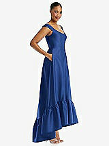 Side View Thumbnail - Classic Blue Cap Sleeve Deep Ruffle Hem Satin High Low Dress with Pockets