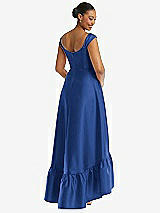 Rear View Thumbnail - Classic Blue Cap Sleeve Deep Ruffle Hem Satin High Low Dress with Pockets