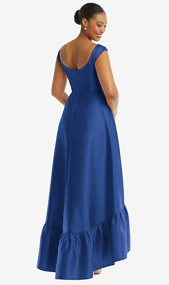 Back View - Classic Blue Cap Sleeve Deep Ruffle Hem Satin High Low Dress with Pockets
