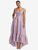 Front View Thumbnail - Suede Rose Cap Sleeve Deep Ruffle Hem Satin High Low Dress with Pockets