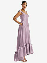 Side View Thumbnail - Suede Rose Cap Sleeve Deep Ruffle Hem Satin High Low Dress with Pockets