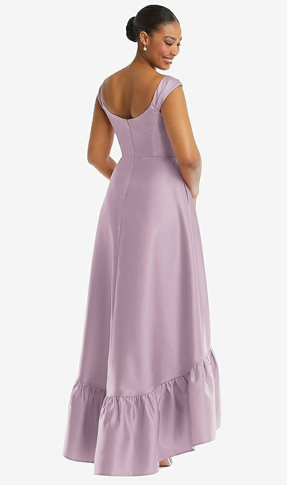 Back View - Suede Rose Cap Sleeve Deep Ruffle Hem Satin High Low Dress with Pockets