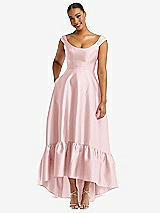 Front View Thumbnail - Ballet Pink Cap Sleeve Deep Ruffle Hem Satin High Low Dress with Pockets