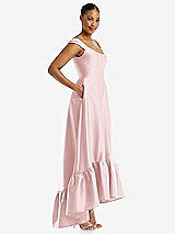 Side View Thumbnail - Ballet Pink Cap Sleeve Deep Ruffle Hem Satin High Low Dress with Pockets