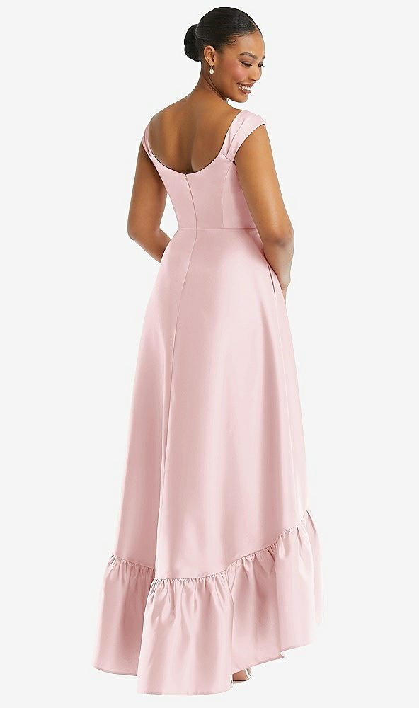 Back View - Ballet Pink Cap Sleeve Deep Ruffle Hem Satin High Low Dress with Pockets