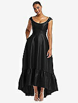 Front View Thumbnail - Black Cap Sleeve Deep Ruffle Hem Satin High Low Dress with Pockets